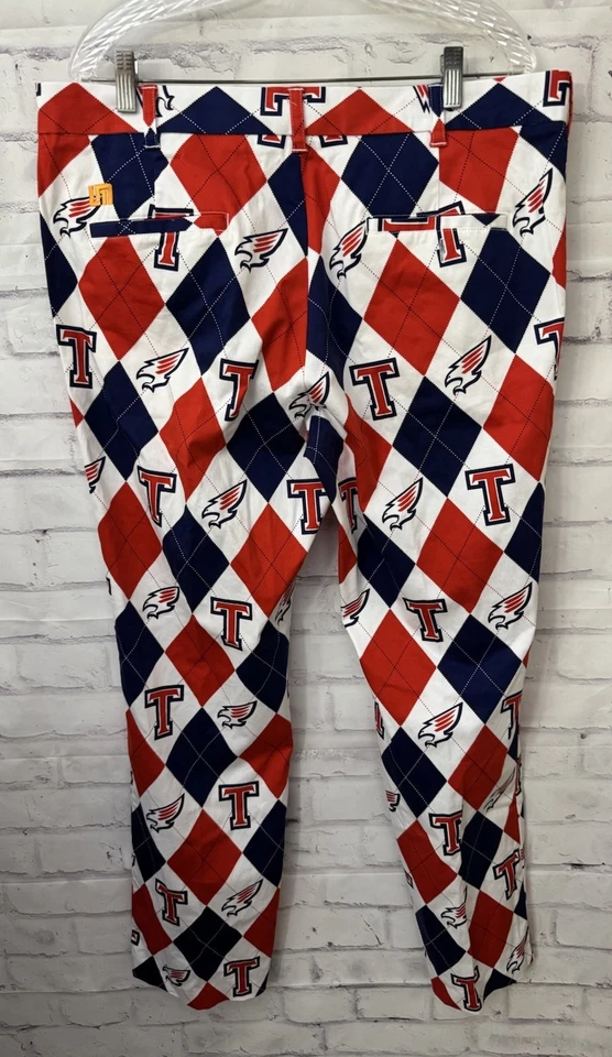 Pantalones de golf Loud Mouth para hombre 38x31 Tompkins Falcons Katy TX rojo azul Argyle Mr. T Foto 2 de 4