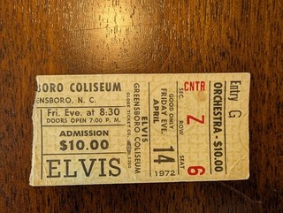 Elvis Presley 1972 Greensboro Coliseum Concert Ticket Admission April 14