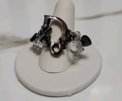 Christian Dior Logo Pearl Tone Charm Ring Size 5.5