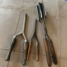 Lot Of 3 Antique Wood Metal 2 Hair Curling Irons and 1 Hair Crimping Tool.