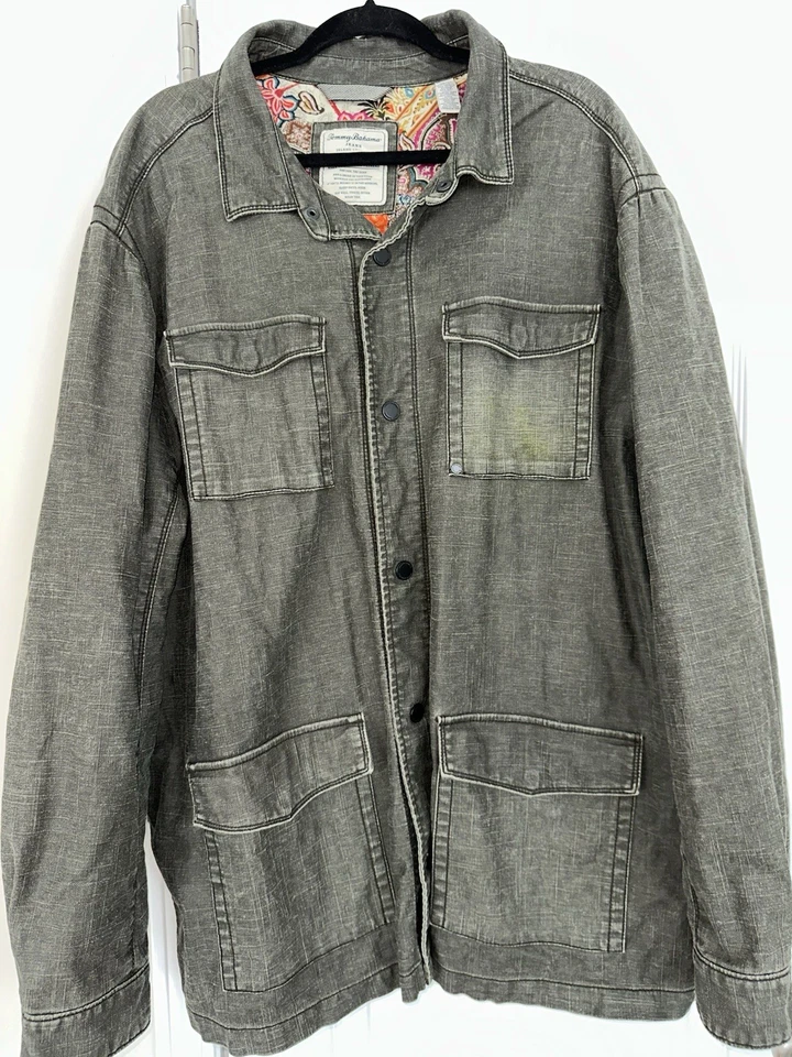 Tommy Bahama Jeans Para Hombres XXL 2XL Chaqueta Denim Verde Oscuro Isla Artesanal Lino Foto 2 de 4