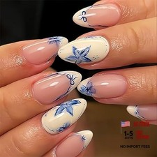 24Pcs Blue Flower Press-On Nails - Medium Almond French Tip - Blue