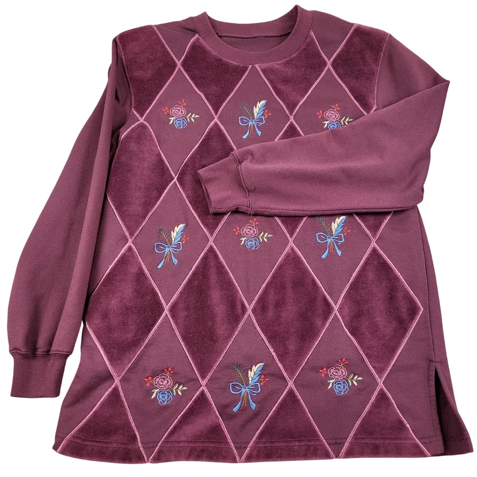 Moletom Alfred Dunner Feminino Pequeno Borgonha Veludo Diamante Floral Bordado - Imagem 2 de 4