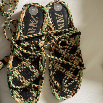 NEW ZARA ROPE BRAIDED TIE UP FLAT SANDALS MULTI COLOURED UK