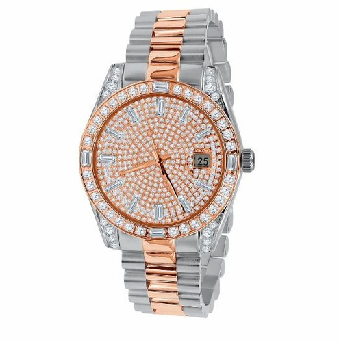 Solid Steel 18K 2 Tone Rose Gold Baguette Simulated Diamond President Watch 40mm - 第 3/5 張圖片