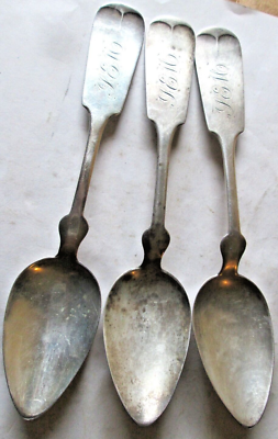 ANTIQUE H. SAFFORD .900 SILVER FIDDLE SPOONS LOT OF 3, STAR W
