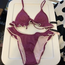 Victoria s Secret Swimsuit Medium Triangle Cheeky Shimmer Pink Ruffle New