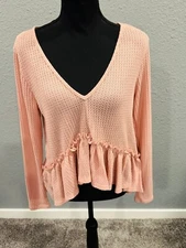 Peach Lane Pink Ruffle Hem Long-Sleeve Cropped Knit Top, Sz L, NEW