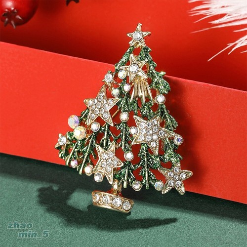 Gold Tone Christmas Tree Brooch Pin Crystal Rhinestone Brooches Party Gift Lapel - Picture 2 of 6
