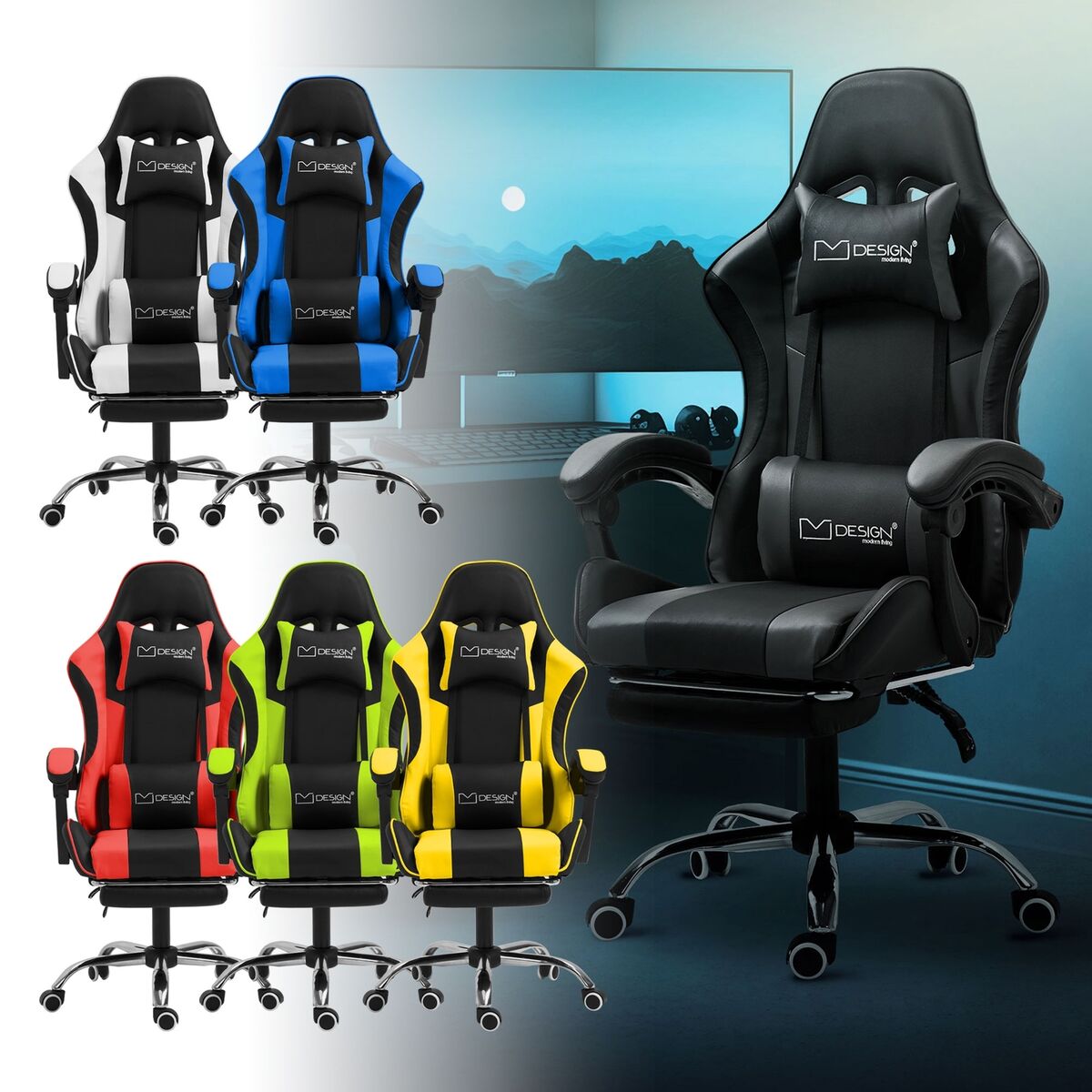 Sedia da gaming ergonomica massaggiante cuscini e supporto per gambe vari  colori