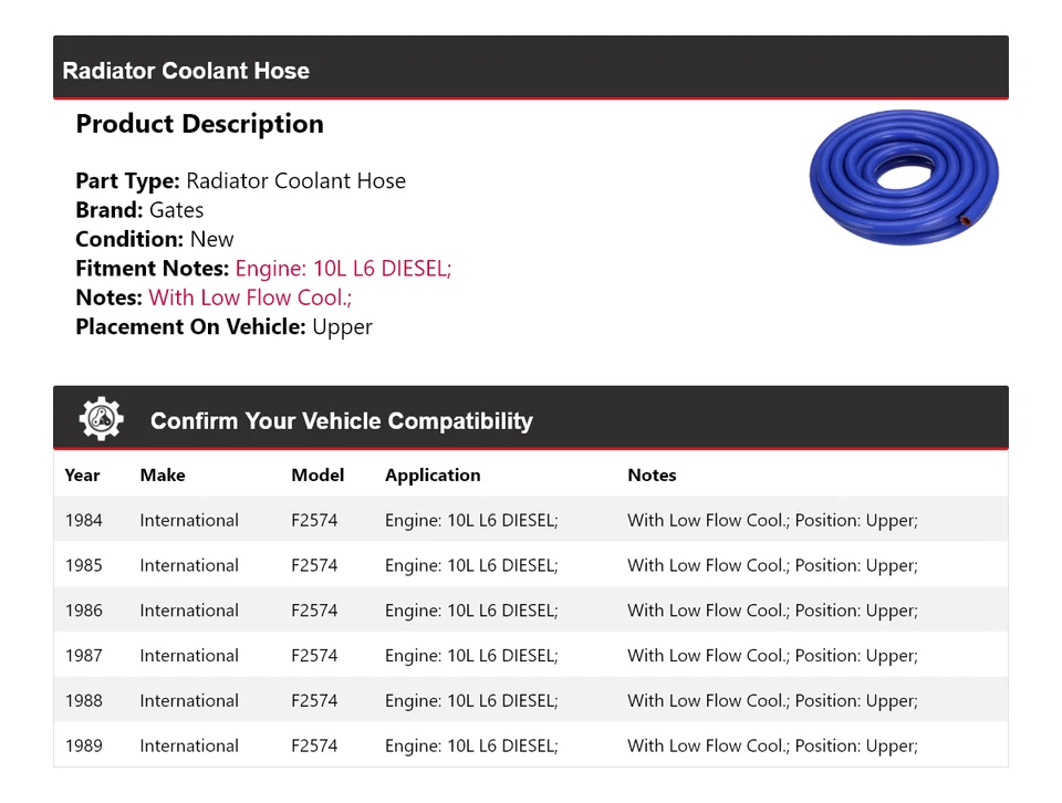 Manguera de refrigerante de radiador International F2574 1984-1989 puertas superiores 1985 1986 Foto 2 de 4