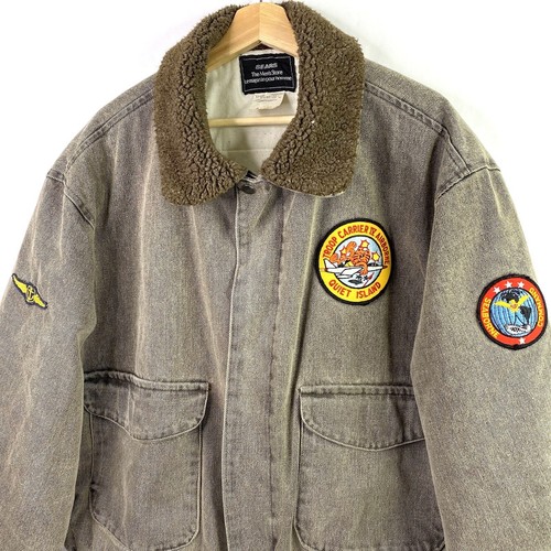 VTG Sears Aviator Bomber Jacket Airborne W/ Tomcat Aviation Military Patches XL - Picture 2 of 13