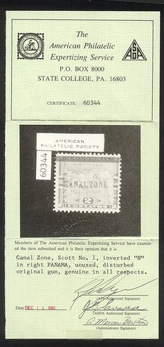 Canal Zone #1 Var Excellent État Largeur / Cert - 1904 2c Rose, Inversé " N " - Photo 2 sur 3