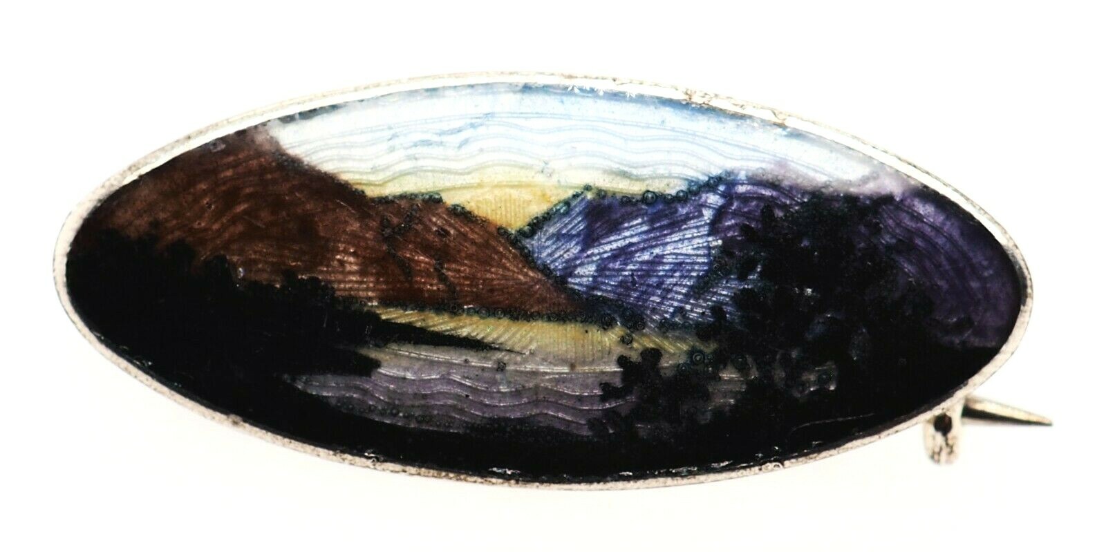 925 Sterling Silver & Enamel Brooch Landscape Design Fine Vintage