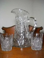 American Brilliant Period Cut Glass Crystal Pitcher w/ 2 Cut Glass Tumblers