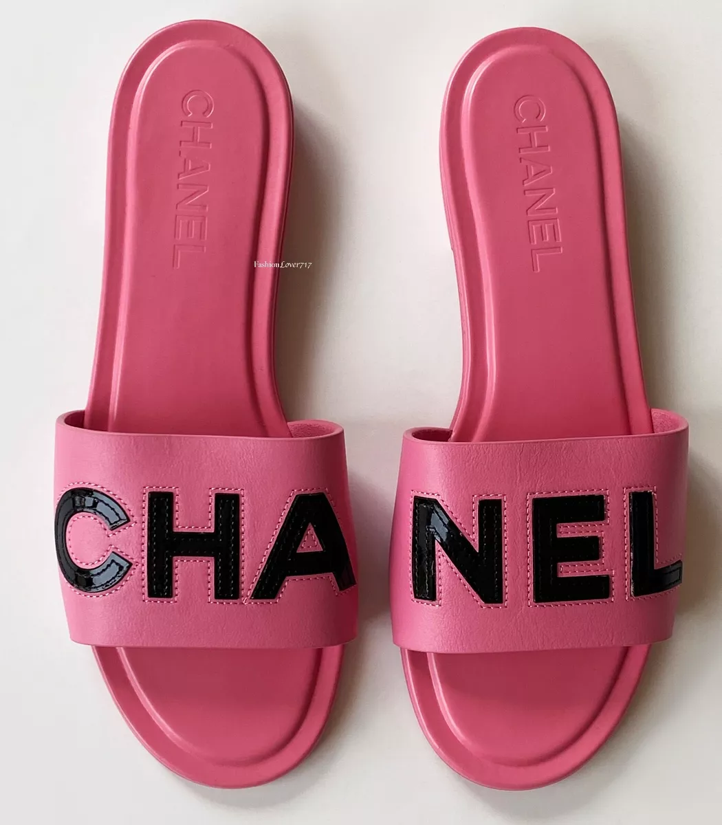 NIB CHANEL 2023 23P PINK BLACK LEATHER SLIDES FLATS MULES SANDALS