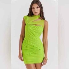 HOUSE of CB Neon Green Adrie Ruched Corset Cut-out Mini Dress Size Small $239