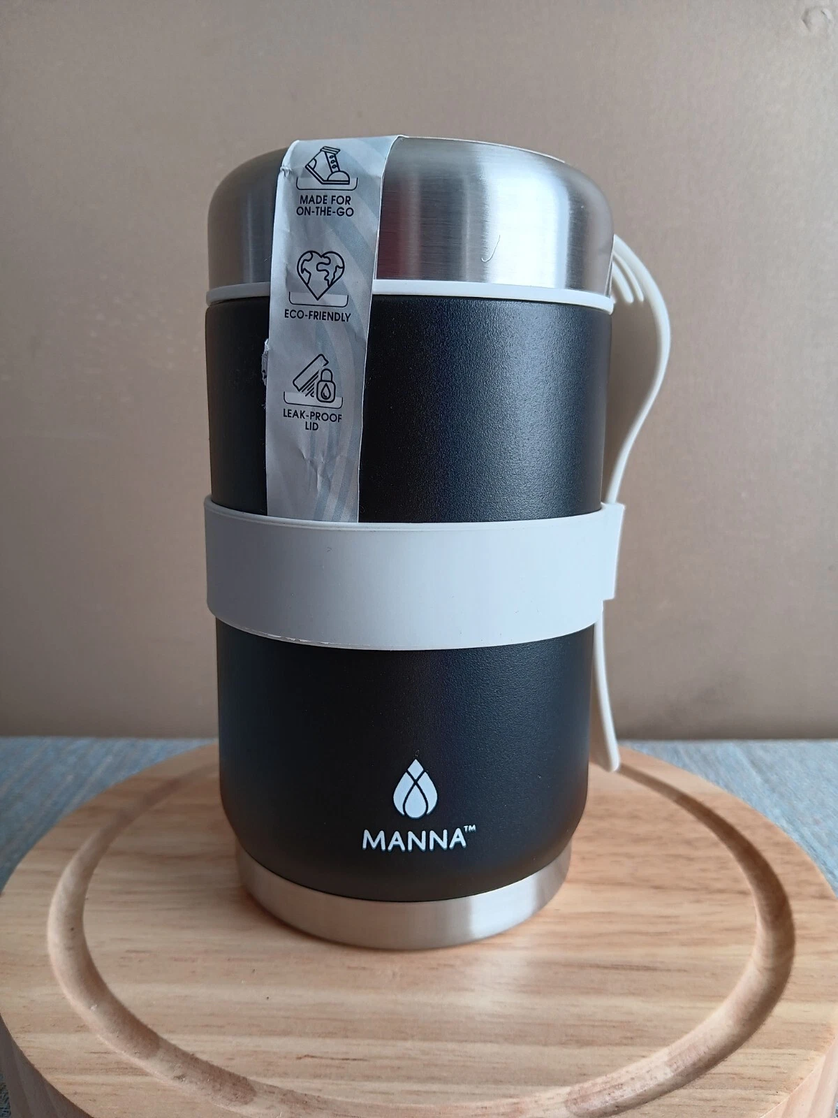 Manna Stainless Steel Food Jar (with spoon) 18 oz - Black - NWT
