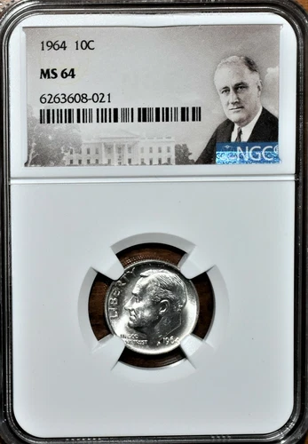 1964 NGC MS64 UNC ROOSEVELT DIME WITH ROOSEVELT LABEL 6263608-021-022