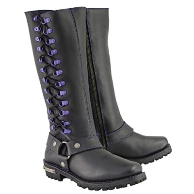 MBL9366 Women's Black 14-inch Leather Harness Boots with Purple Accent Lacing...