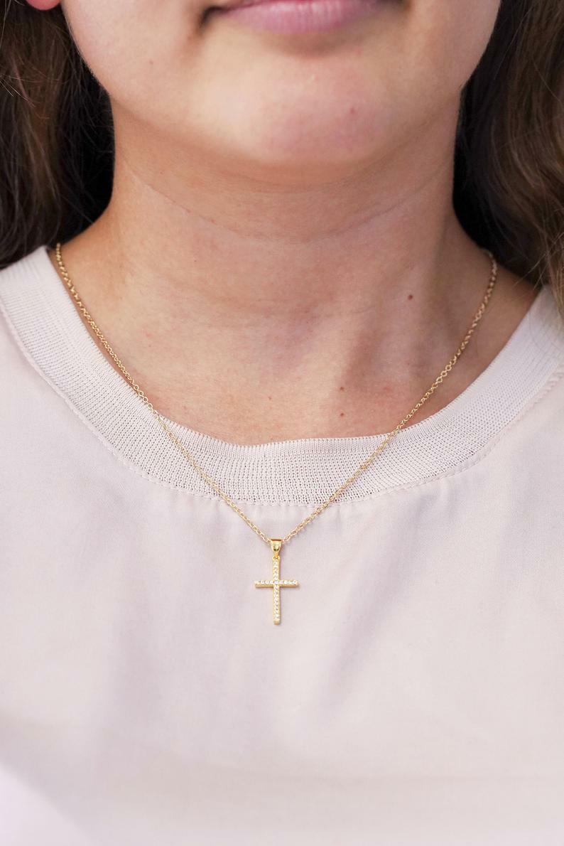 Fine Sparkling Cross Pendant With Pure 14K Yellow Gold Chain