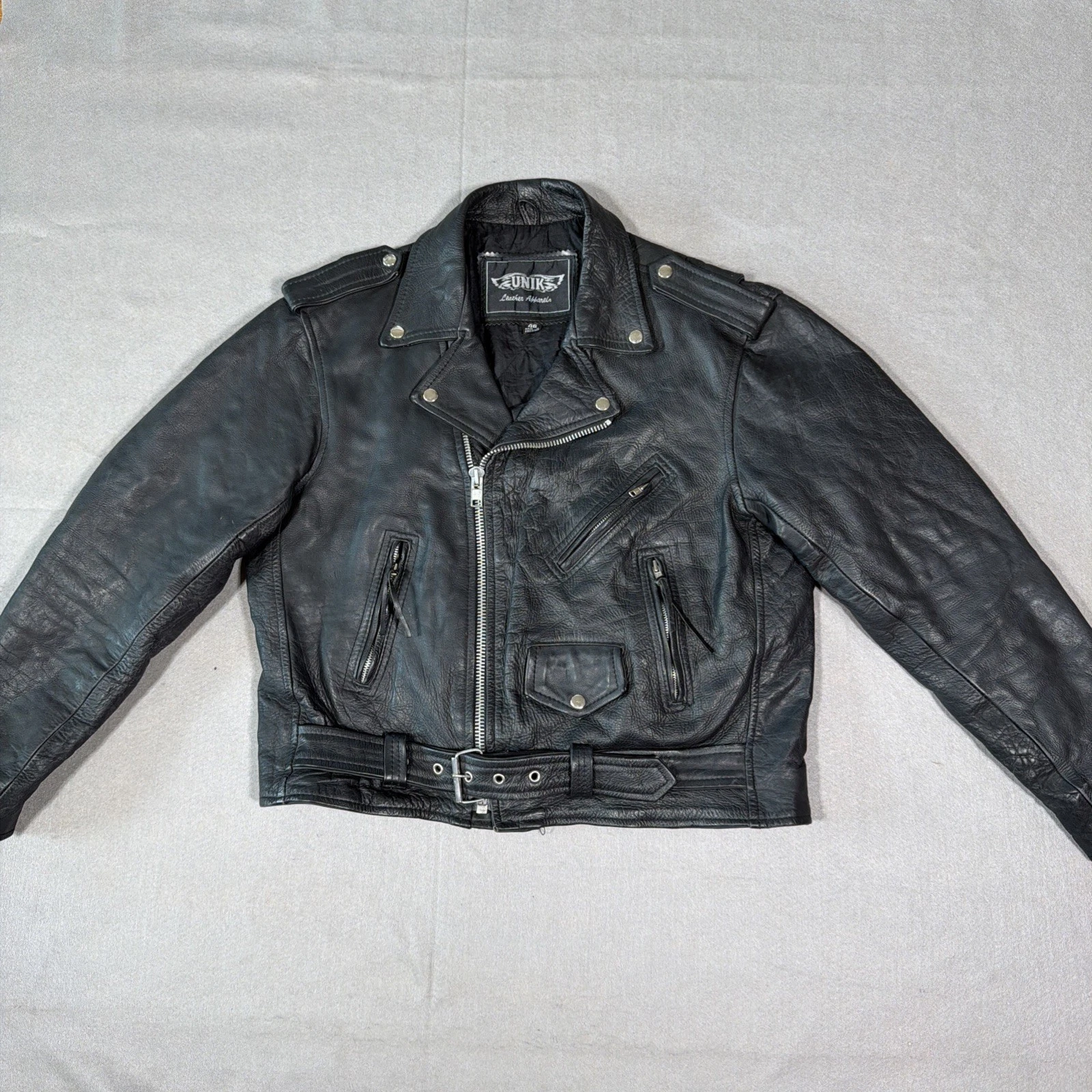 UNIK Motorcycle Classic Black Leather Belted Motorcycle Biker Jacket Mens 46