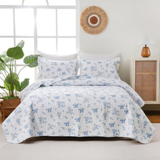 Blue Floral Quilt Set King Size - 3 Pieces Reversible Cottagecore Quilts Flowers