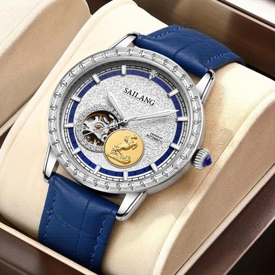 Men's Automatic Watch Skeleton Golden Horse Emblem Blue-White Dial Wristwatch