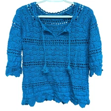 Crochet Knit Top Teal Blue 3/4 Sleeve Tassel Tie Boho Bohemian Blouse Size Small