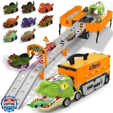 Dinosaur Carrier Truck Race Track Toys for Kids 3-5, Large Toy Cars Track Set