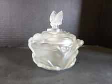 Fenton Frosted Glass Cabbage Rose Butterfly Cover Candy Dish