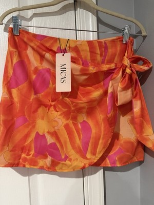 NWT Micas Orange/Pink Floral Knot Side Wrap Mini Skirt Size M