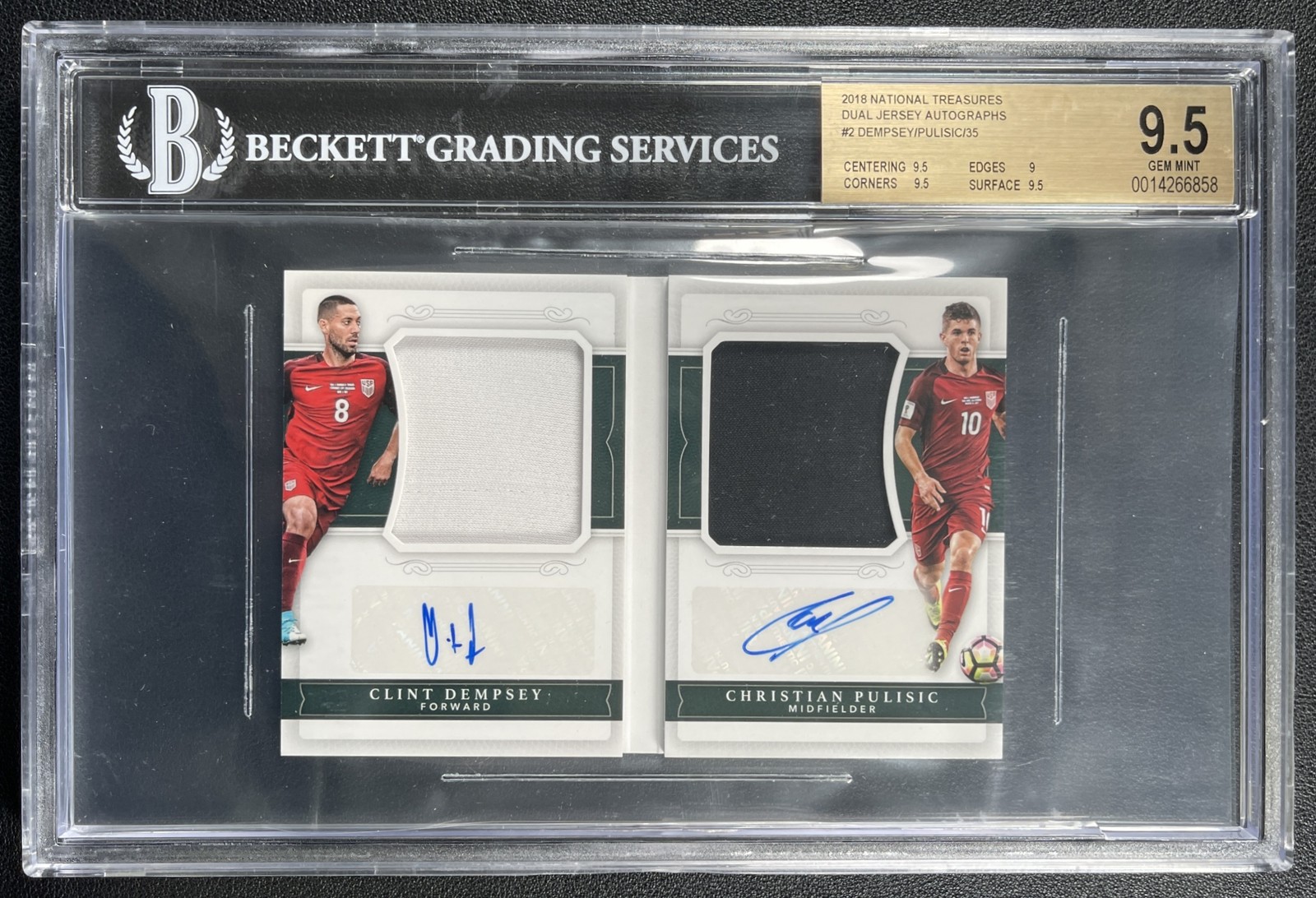 CHRISTIAN PULISIC DEMPSEY BGS 9.5 2018 NATIONAL TREASURES DUAL JERSEY AUTO 6/35