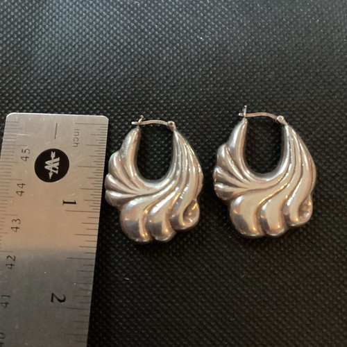 Vintage Sterlingsilber hohle aufgeblähte 925 Hänger Creolen überbackene Muschel Design 8,63 gm - Bild 6 von 11