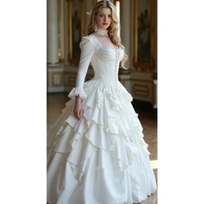 Vintage Victorian Wedding Dress Ruffled Tiered Long Sleeves Medieval Bridal Gown