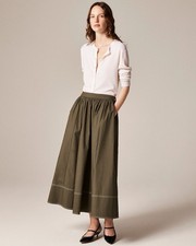 J.Crew Sz 12 Contrast Stitch Midi Skirt in Cotton Poplin Dark Capers Olive Green