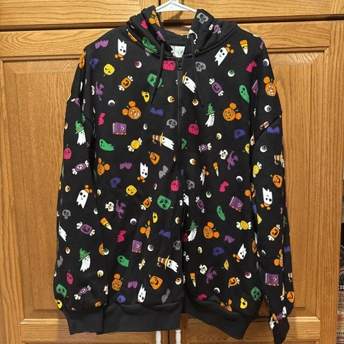 Disney Halloween Black Hoodie Ghost Pumpkins Mickey Mouse  Candy Print Sz XL
