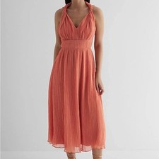 Express Pleated Midi Halter Dress Size L Peach Orange NWT Solid Lined