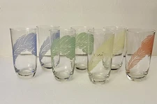 Vintage Pastel Feather Plume Tumbler Glass Set Of 7 Yellow Blue Green Pink Luray