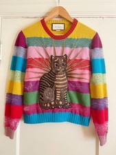 RARE Gucci Small Runway Cat Applique Panelled Lace Wool Sweater 124g12 Rainbow S