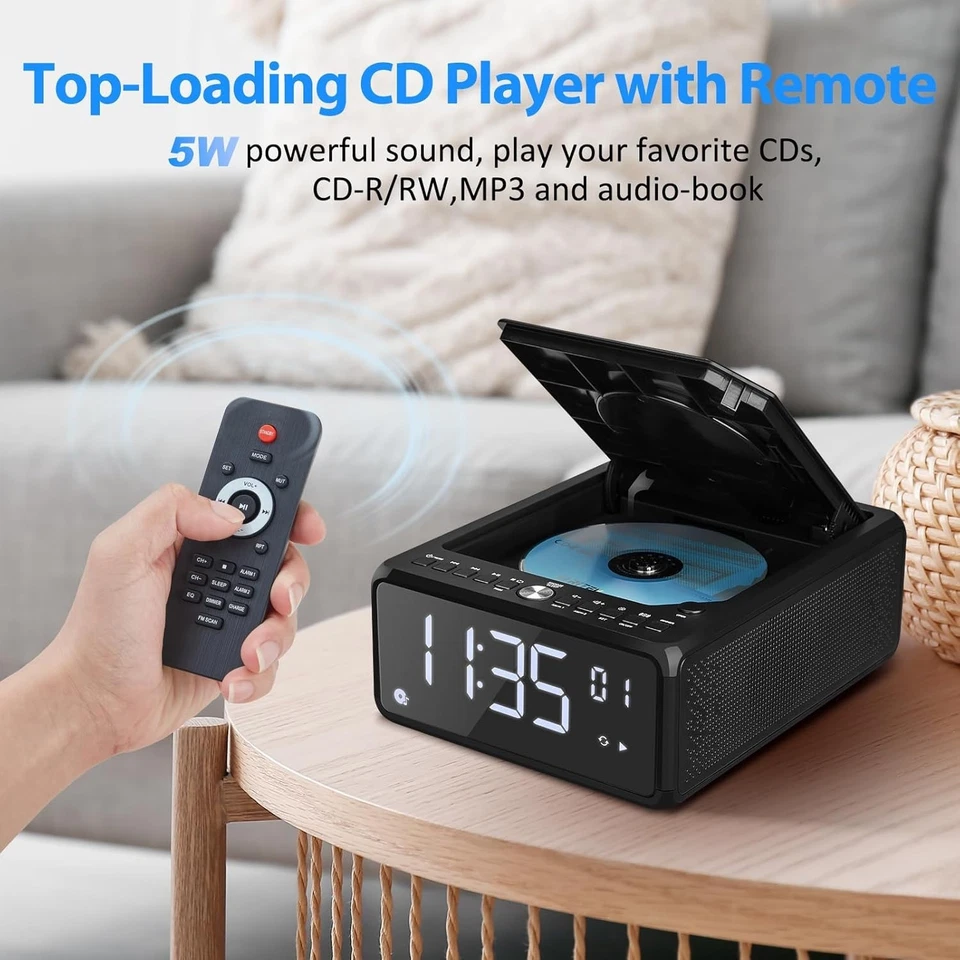 CD Player Alarm Clock Radio with Remote, Bluetooth Boombox CD Players for Hom... - Image 4 of 4