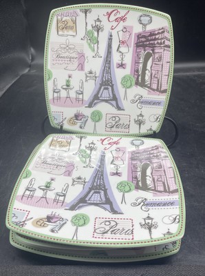 Set Of Four 222 Fifth 6  Appetizer Plates Tres Chic Paris Pattern Eiffel Tower