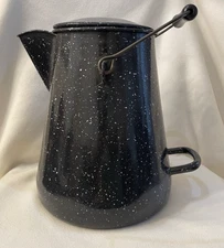 Vintage WW II Era USN Vollrath Co.  Graniteware Black and White Coffee Pot