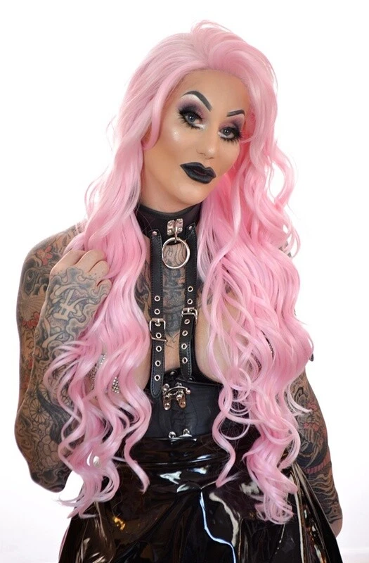 Peluca frontal de encaje ondulada en capas de volumen grueso glamoroso rosa pastel rosa extra largo Foto 2 de 2