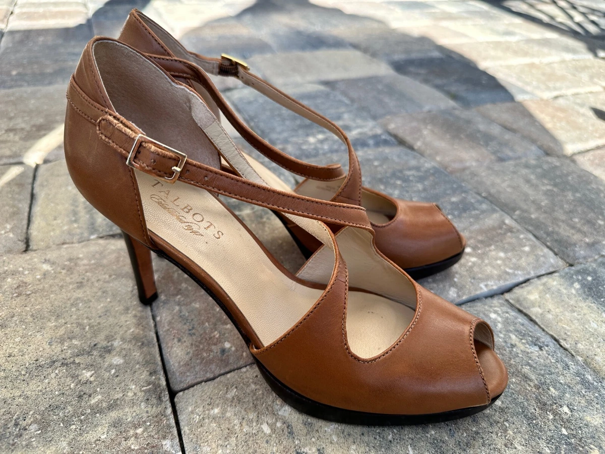 Talbots Women s Tan Leather Criss Cross Buckle Strappy Heel