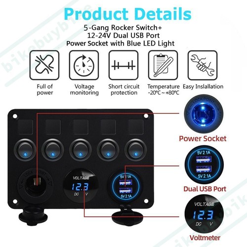5 Gang 12V LED Light Switch Control Panel Camper Van RV Voltmeter 2-USB Charger - Picture 3 of 13