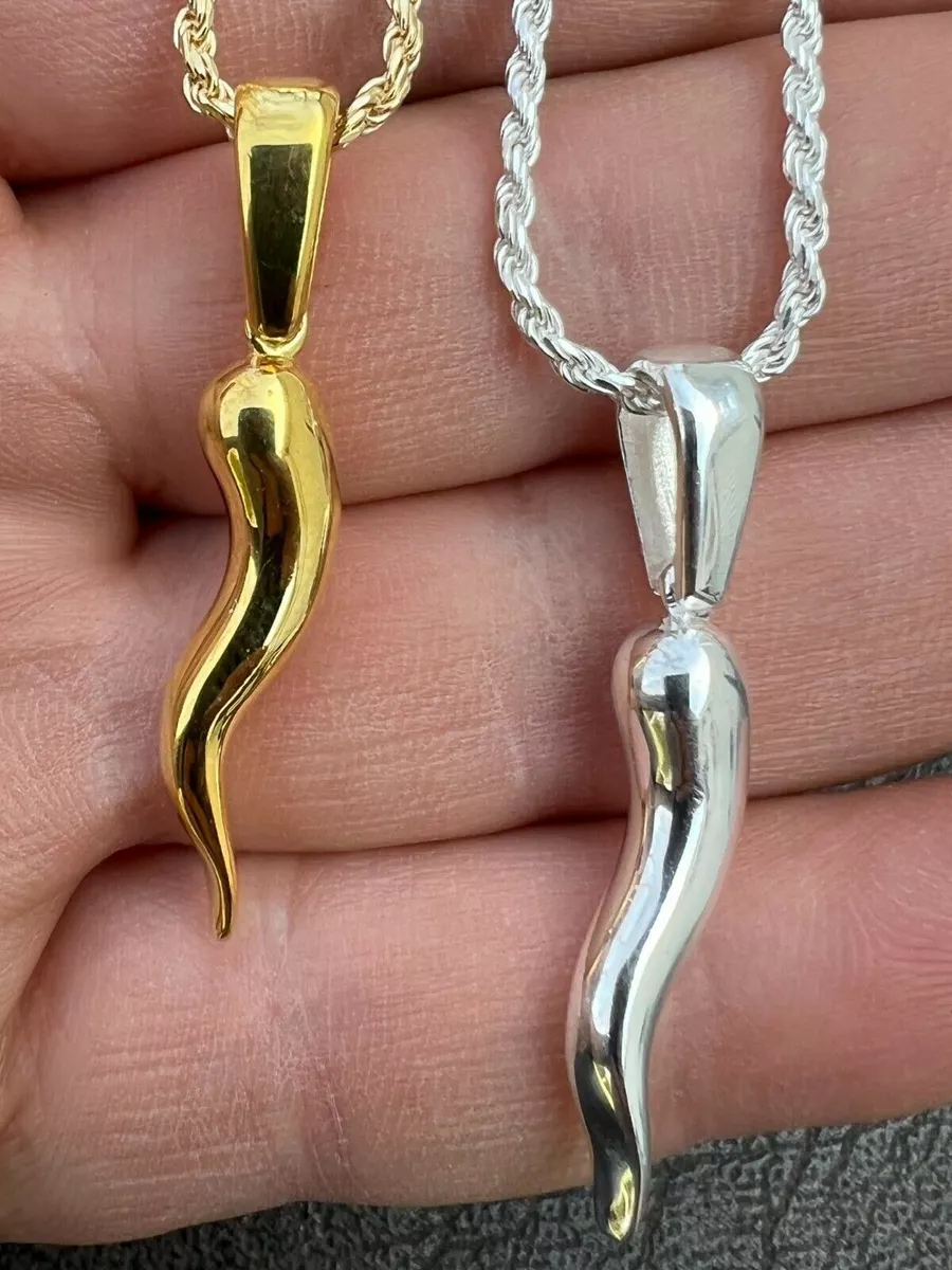 Real 925 Silver Gold Plated Italian Cornicello Horn Pepper Pendant Necklace