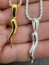 Real 925 Silver / Gold Plated Italian Cornicello Horn Pepper Pendant Necklace