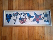 Primitive Folk Art Framed Picture Kindred Spirits  Heart/Flower/Basket/Bird/Star