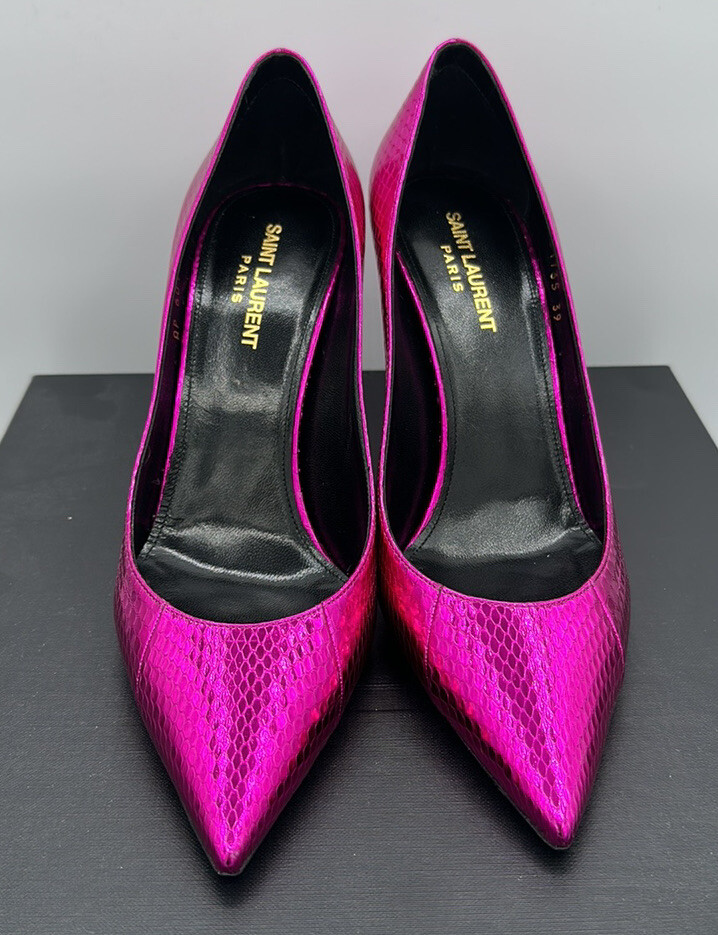 Décolleté Saint Laurent YSL Zoe 105 pelle di serpente metallizzata tacco viola taglia 39 EU 9 US